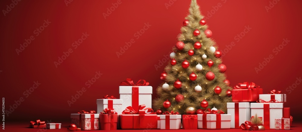 A festive Christmas tree adorned with lights and ornaments, standing tall in front of a backdrop of red. The tree is surrounded by a variety of colorful wrapped presents, creating a joyful and