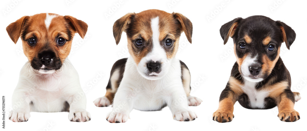 Two innocent pups with one facing the camera and another's face partially hidden on a white backdrop