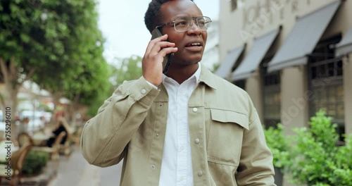 Business, city and black man with phone call, stress and internet with weak connection and error 404. African person, freelancer and consultant with cellphone and New York with bad signal or network photo