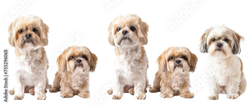 Trio of fluffy tan dogs with different poses, highlighting their soft fur and sweet expressions against an isolated backdrop