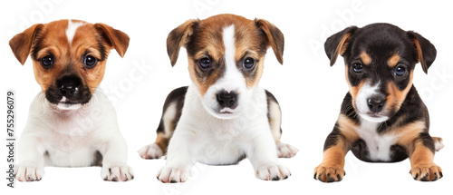 Two innocent pups with one facing the camera and another's face partially hidden on a white backdrop