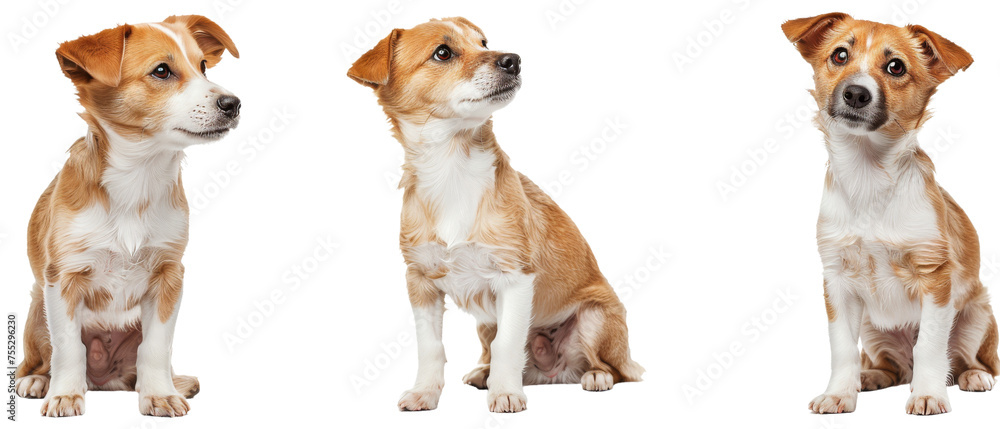 A set of images featuring three brown and white dogs sitting side by side looking to the left, isolated on a white background