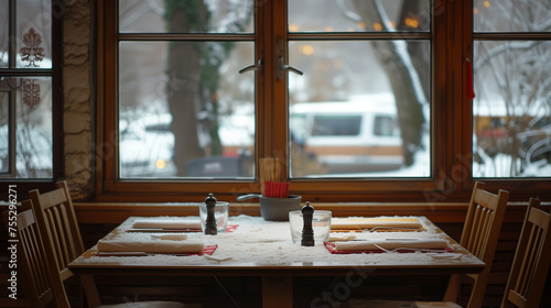 Empty table and winter window in background