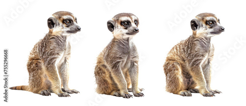 A captivating series of meerkat postures ranging from watchful to relaxed, capturing the essence of this alert and social animal against a white space