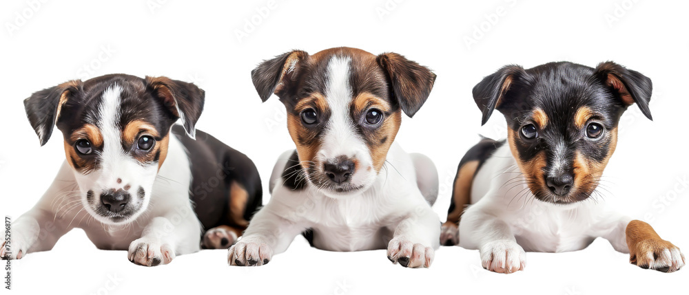 Three playful puppies in varied poses lying on their bellies against a white backdrop