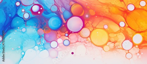 The vibrant image features a multitude of bubbles in various sizes and colors, creating a lively and playful backdrop. The bubbles appear to be made of oil, resulting in a glossy and iridescent effect