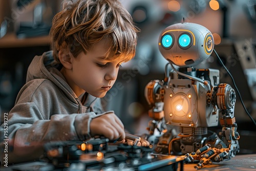 The child connects the robot to configure the software. Technologies of the future. © kvladimirv
