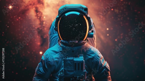 An astronaut dressed in the latest spacesuit against the background of endless space.