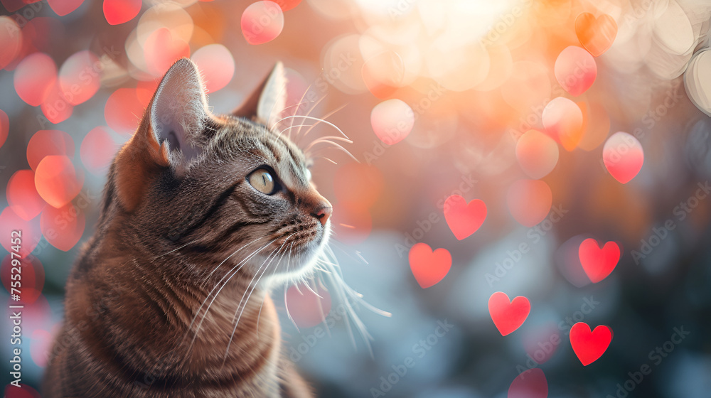 Red striped cat with red hearts on blurred background. generative ai