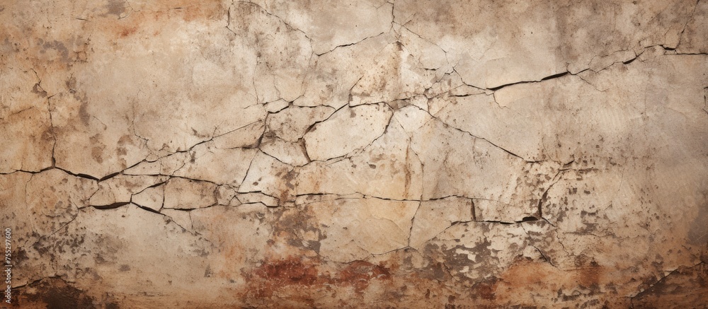 A detailed close up of a cracked concrete wall showcasing a mix of natural landscape elements like grass, soil, twigs, and rocks