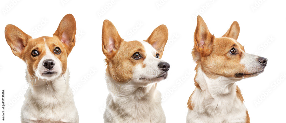 Set of three photographs featuring a tan and white Corgi looking in different directions against a white background