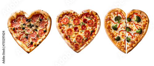 Heart-shaped pizza topped with pepperoni, olives, and fresh vegetables against a white background