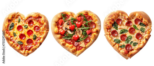 Three heart-shaped pizzas with different toppings aligned on a white backdrop for contrast