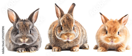 A trio of charming bunnies sits in a line, their varied fur colors and patterns creating an endearing and eye-catching image