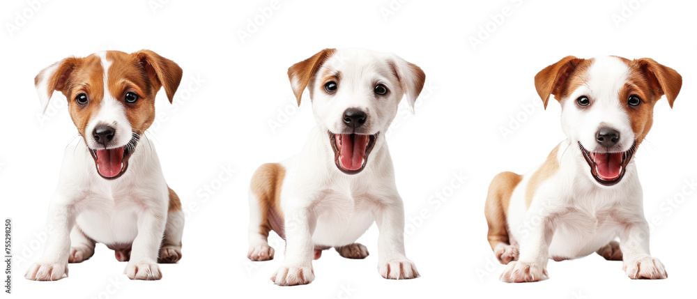 Trio of adorable puppies captured in a sequence of playful poses against a clean white background, ideal for pet-related content