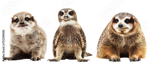 Three meerkats with different expressions and poses captured in great detail and high resolution, isolated against a white background