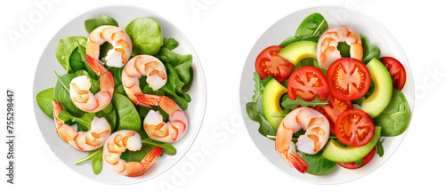 A delicious fresh shrimp salad with spinach, avocado, and tomatoes served on a white plate