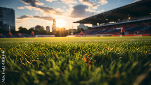 The grass view in a soccer stadium background