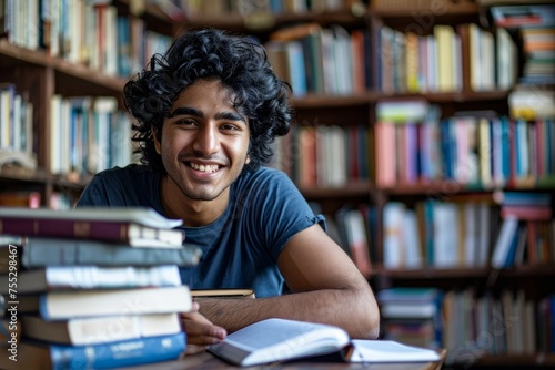 Indian student with curly hair studying sitting among books on shelves, man watching video course writing in notebook smiling contentedly, Generative AI photo