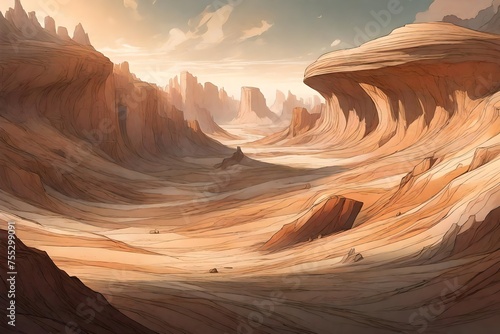 Eroded plateaus sculpted by time, a symphony of muted colors under the soft sunlight.