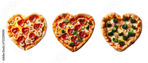 A collage of heart-shaped pizzas adorned with different toppings suitable for food lovers