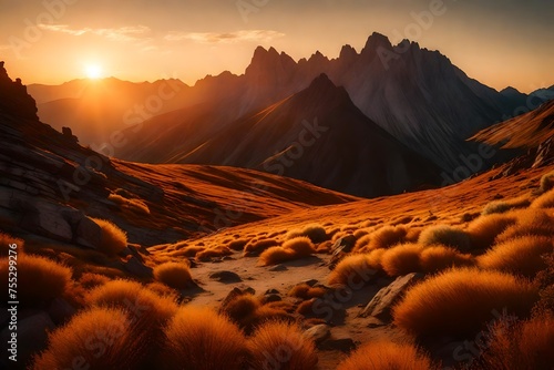 Sunset's golden glow on plateau mountains, a tranquil masterpiece in natural radiance.
