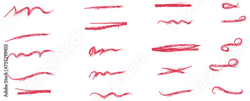 Crayon brush stroke red underline. Chalk pen highlight stroke. Vector hand drawn brush underline element set for accent, crayon texture emphasis element. Red chalk brush strokes. vector illustration
