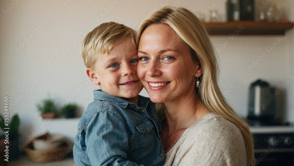 Young blonde mother and son  smiling at home. Love and happiness at home as a family. 
