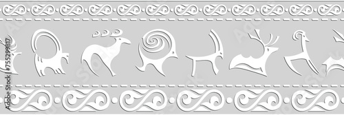 Ethnic seamless border on the theme of rock paintings, vector design, banner	
