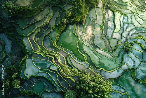 Aerial view of a green paddy field