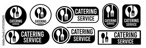 Set menu catering, restaurant, spoon, fork, knife and plate icon set in line. Tableware Vector illustration	