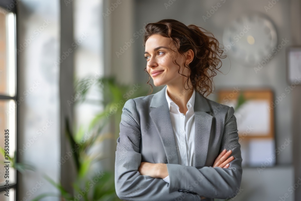 Happy business women wearing suit standing in office Happy business women wearing suit standing in office