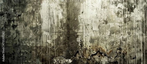 A close up of a weathered wood wall with various stains resembling a natural landscape with terrestrial plants and grass formations in a monochrome forest setting photo