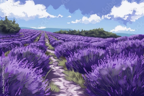 Background Texture Pattern Lavender Fields that captures the serene beauty of lavender fields in a cel-shaded Soft Purples Style created with Generative AI Technology