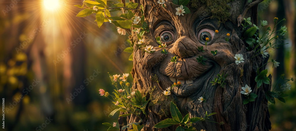 Funny character of a living tree with flowers - obrazy, fototapety, plakaty 