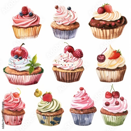 Clip art illustration with various cupcakes. on a white background