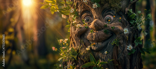 Funny character of a living tree with flowers