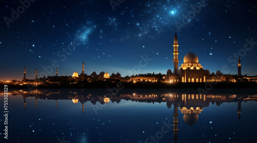 a mosque silhouette against a Ramadan night sky, with a crescent moon and stars. Ramdan Kareem & Eid Mubark. 