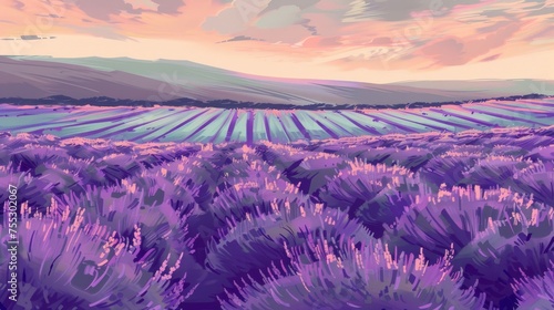 Background Texture Pattern Lavender Fields that captures the serene beauty of lavender fields in a cel-shaded Soft Purples Style created with Generative AI Technology