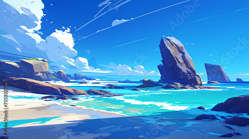 Illustrated view of a beach with blue skies on a rocky island