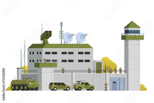 Vector military base building and vehicle or infographic elements military base buildings for city illustration photo