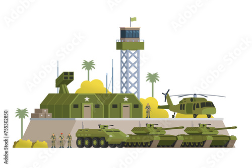 Vector military base building and vehicle or infographic elements military base buildings for city illustration