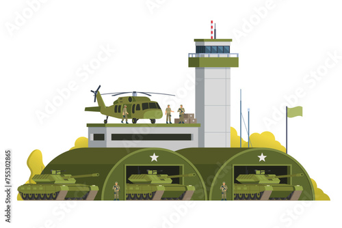 Vector military base building and vehicle or infographic elements military base buildings for city illustration