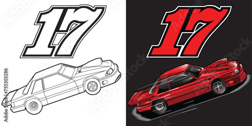Outline and painted racing car. Isolated in black background, for t-shirt design, print, and for business purposes.