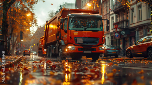 A garbage truck fleet out on the road in city.