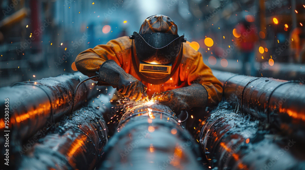 A male welder worker wearing protective clothing fixing welding and grinding industrial construction oil and gas or water and sewerage plumbing pipeline on site. - obrazy, fototapety, plakaty 