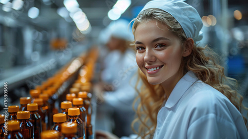 A pharmaceutical factory woman worker operating production line at pharmacy industry manufacture factory. photo