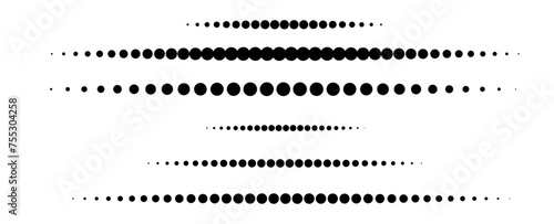 DASHED LINES. 6 lines of aligned black round dots. Vector illustration isolated on white background