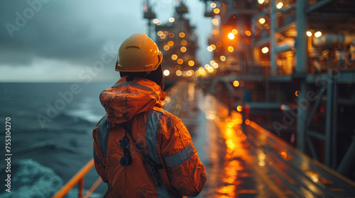 An operator recording operation of oil and gas process at oil and rig plant, offshore oil and gas industry, offshore oil and rig in the sea. photo