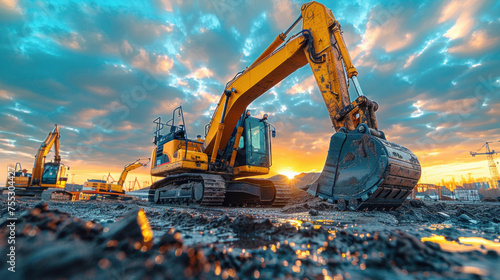 Big excavator in construction site on blue sky background. photo